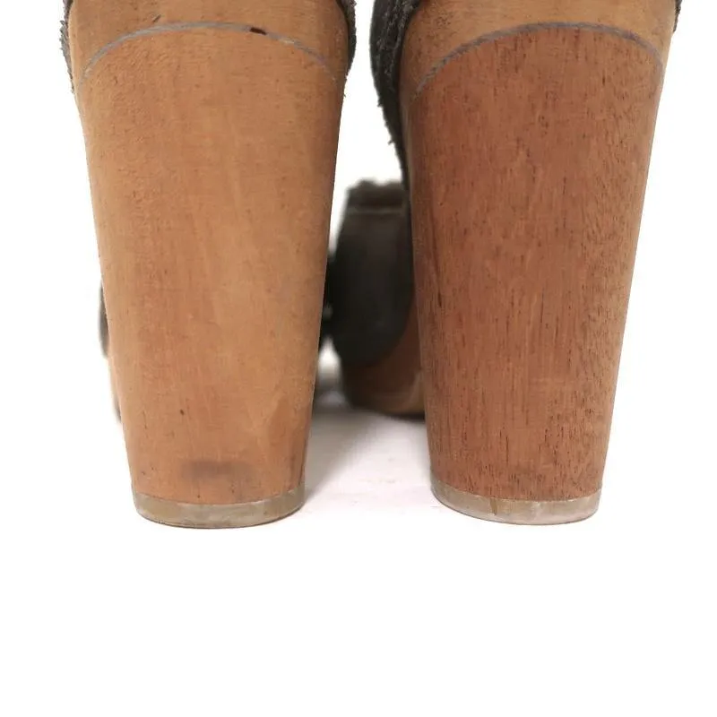 A Detacher Sandals Taupe Fringed Suede Size 6 Ankle Strap Platform Heels