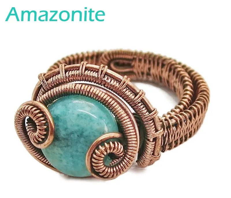 Adjustable Woven Copper Ring with Custom Gemstone; "Coriolis"