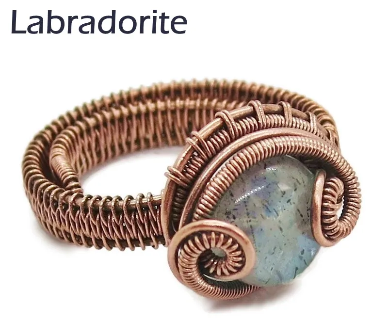 Adjustable Woven Copper Ring with Custom Gemstone; "Coriolis"