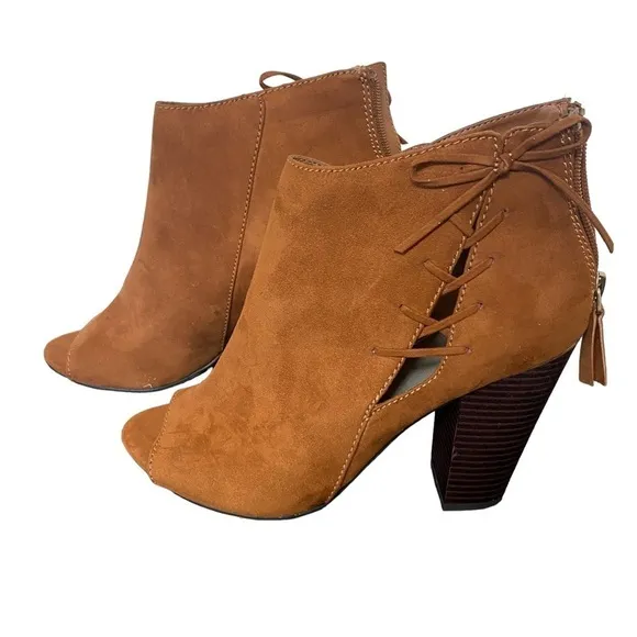 A.NA Jacky Cognac Suede Block Heel Open Toe Booties Sz 10