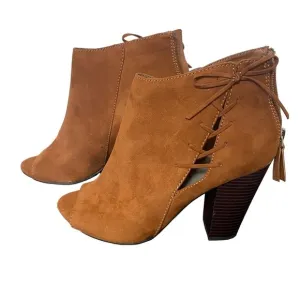 A.NA Jacky Cognac Suede Block Heel Open Toe Booties Sz 10