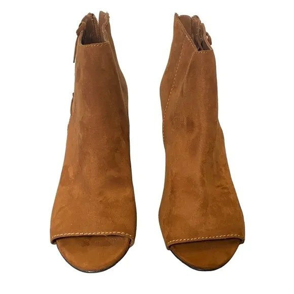 A.NA Jacky Cognac Suede Block Heel Open Toe Booties Sz 10