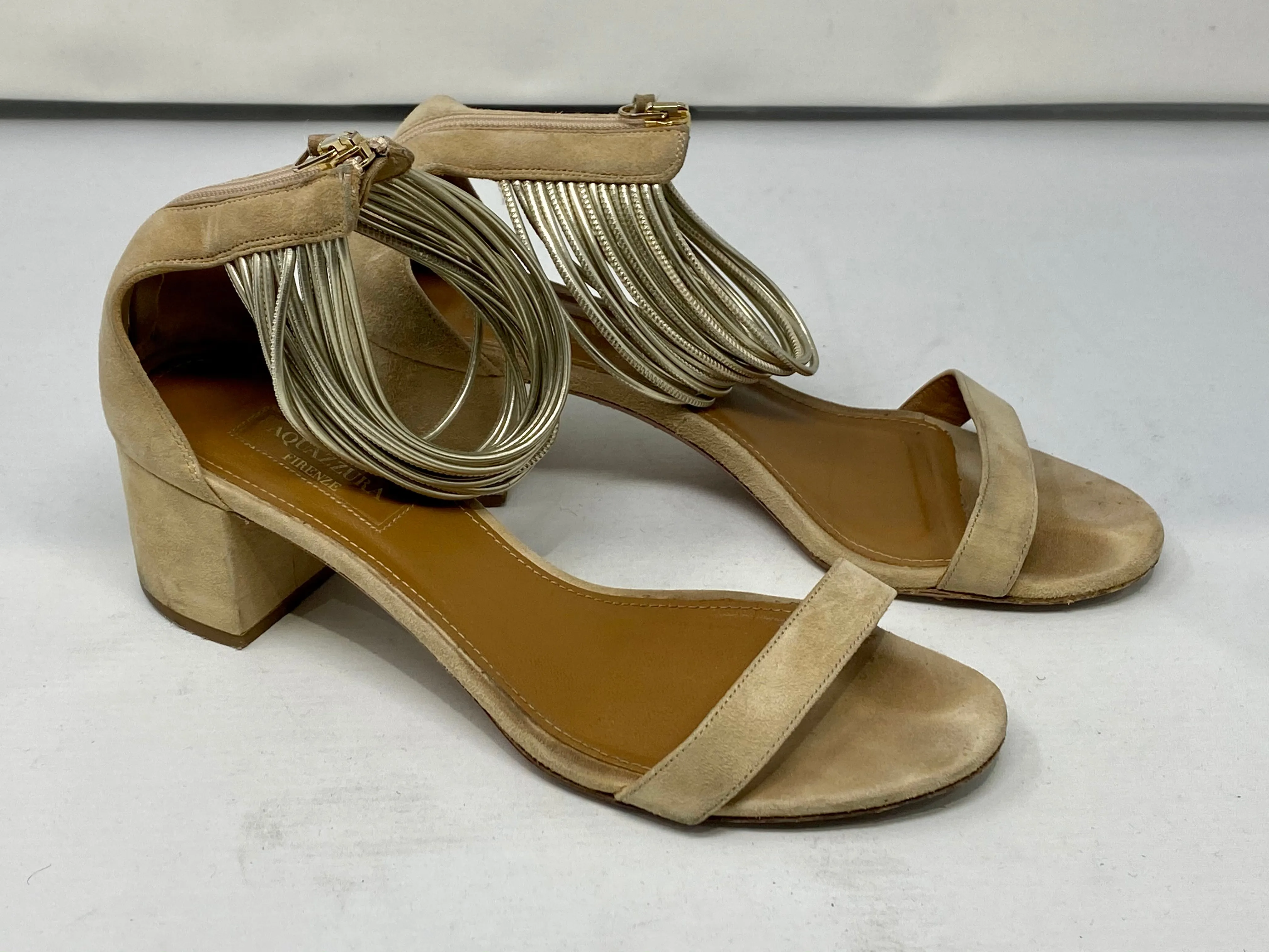 Aquazzura Back Zip Closure Suede Sandal in Nude