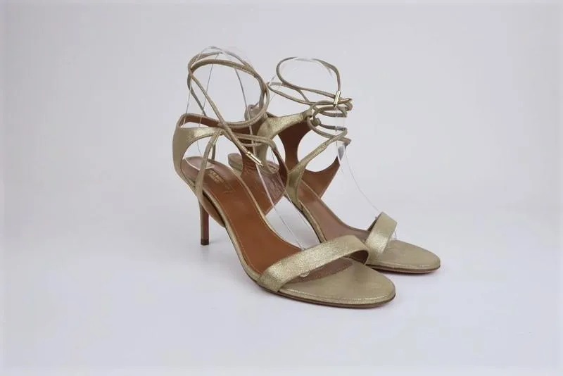Aquazzura Sandals Colette Gold Metallic Suede Size 38.5 Ankle-Tie Heel NEW