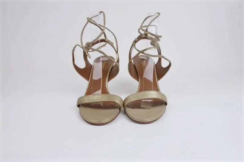 Aquazzura Sandals Colette Gold Metallic Suede Size 38.5 Ankle-Tie Heel NEW