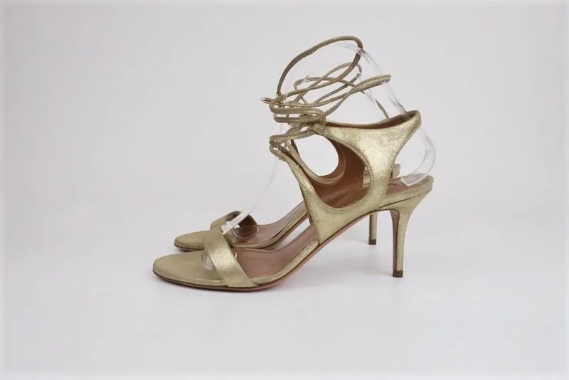 Aquazzura Sandals Colette Gold Metallic Suede Size 38.5 Ankle-Tie Heel NEW