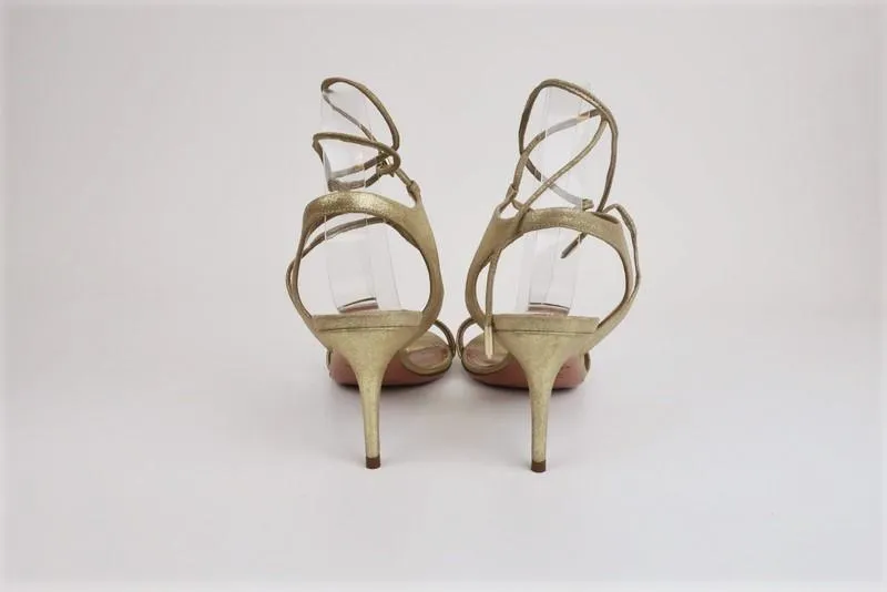 Aquazzura Sandals Colette Gold Metallic Suede Size 38.5 Ankle-Tie Heel NEW