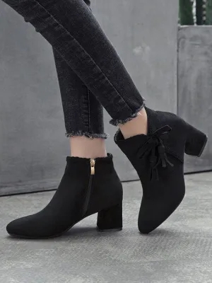 Autumn and Winter Bow Thick with Ankle Boots Female High-heeled Pointed Martin Boots Women's Suede Shoes