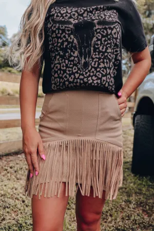 Back To Your Roots Fringe Denim Skirt - Tan