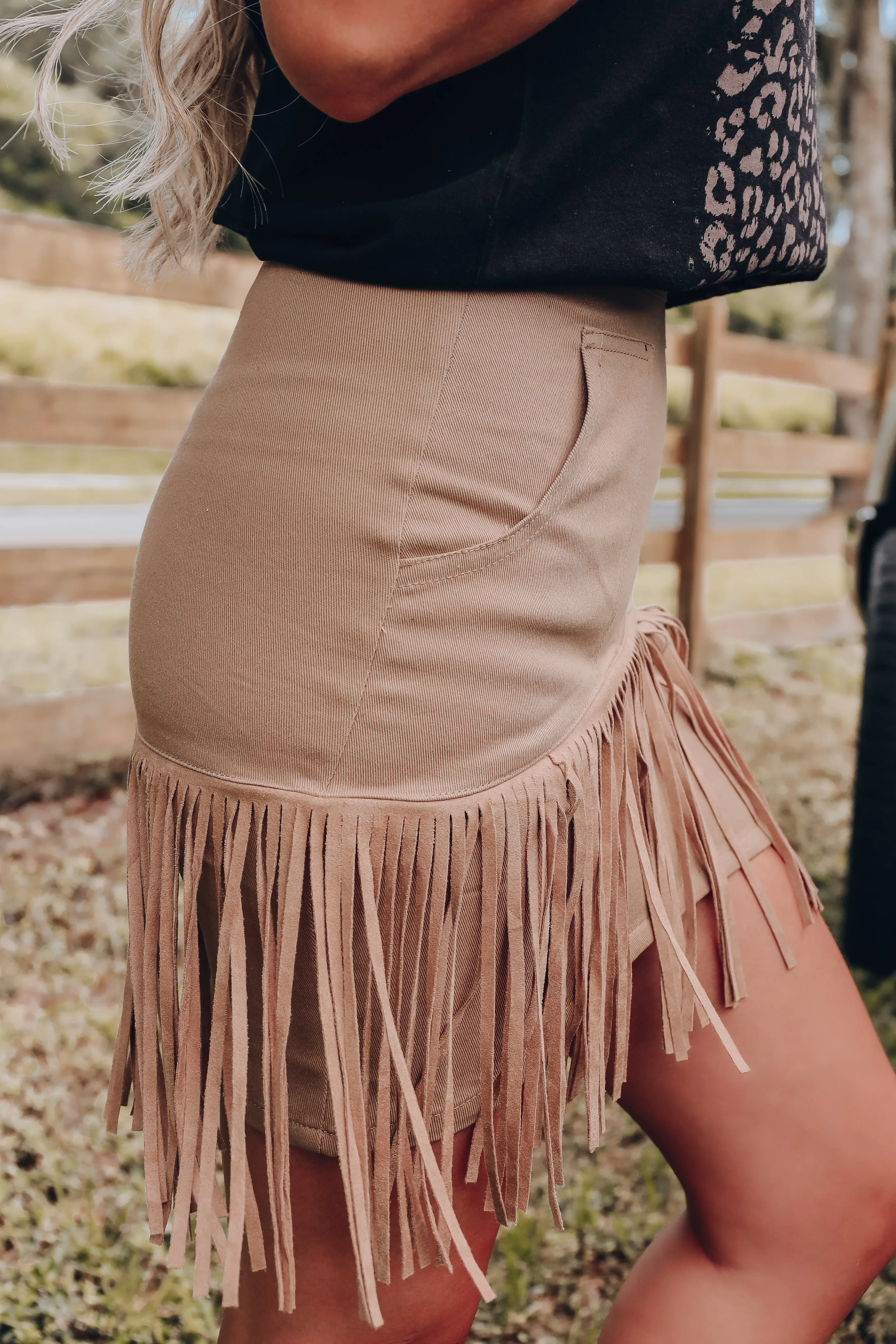 Back To Your Roots Fringe Denim Skirt - Tan