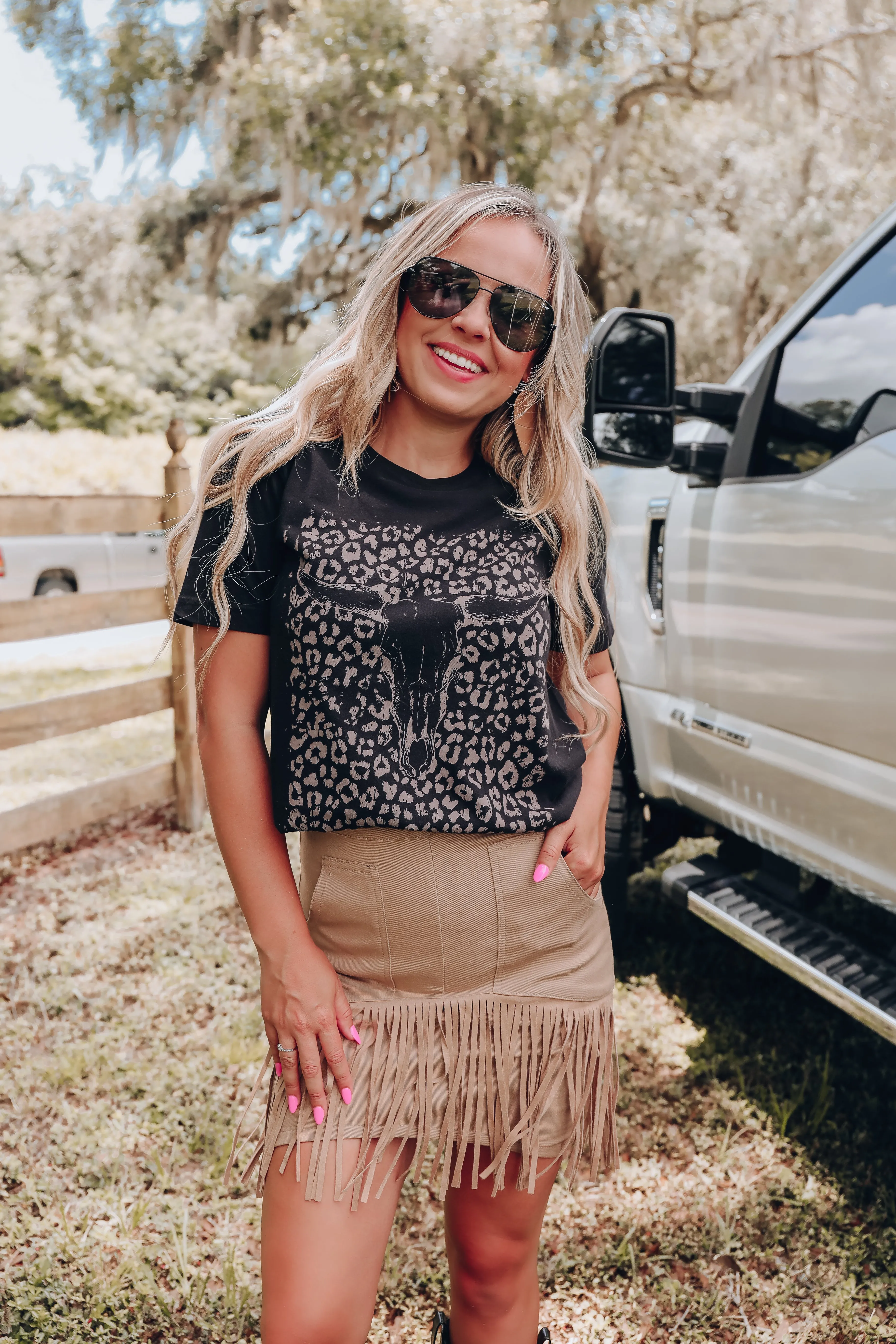 Back To Your Roots Fringe Denim Skirt - Tan
