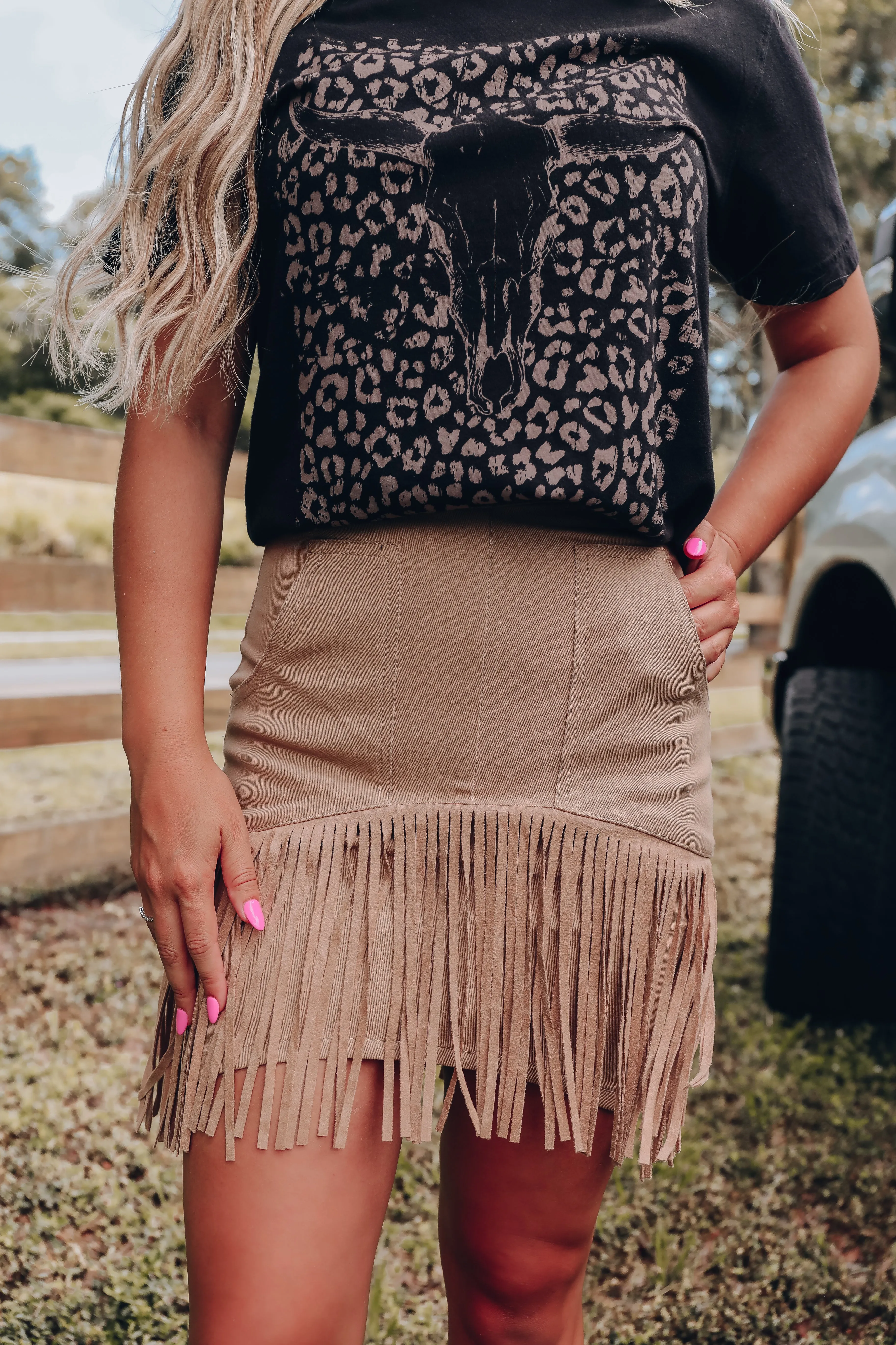 Back To Your Roots Fringe Denim Skirt - Tan