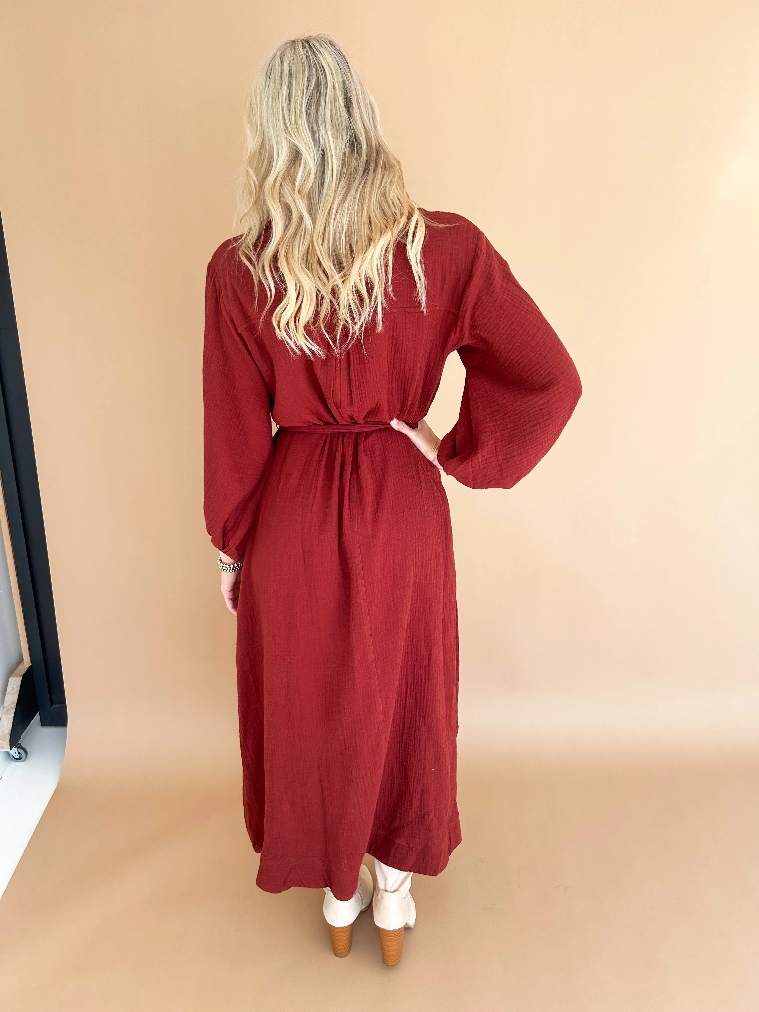 Bailey Bubble Sleeve Belted Maxi Shirt Dress