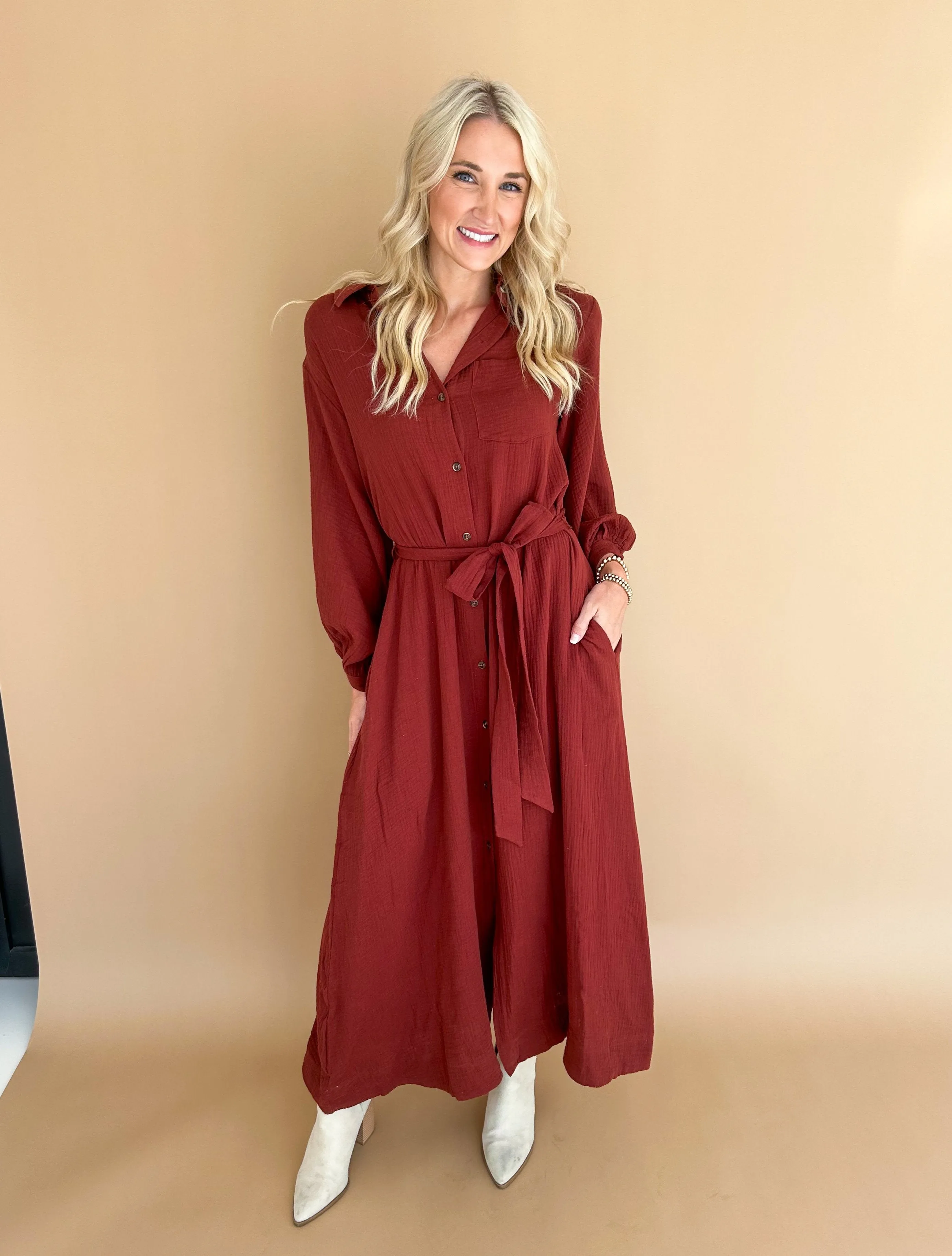 Bailey Bubble Sleeve Belted Maxi Shirt Dress