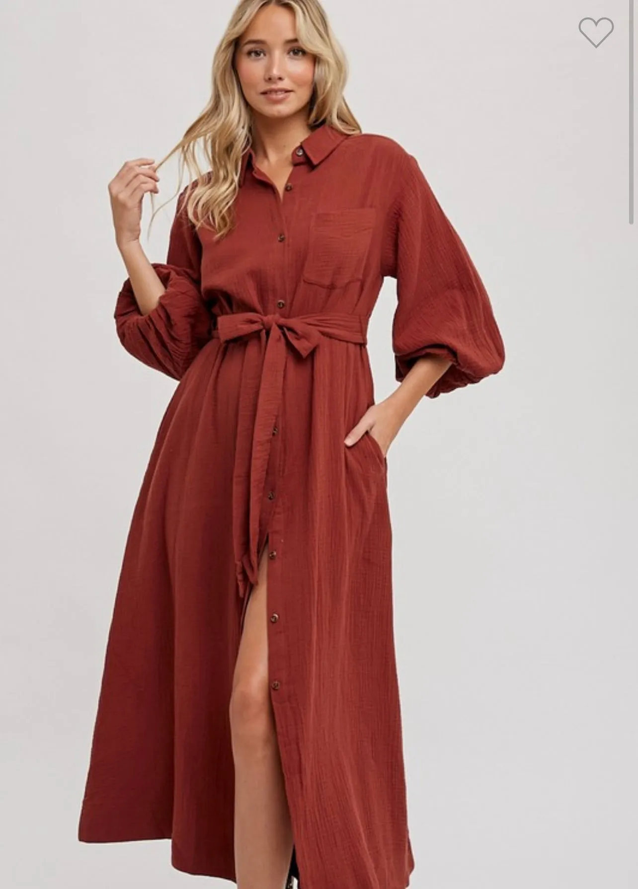 Bailey Bubble Sleeve Belted Maxi Shirt Dress