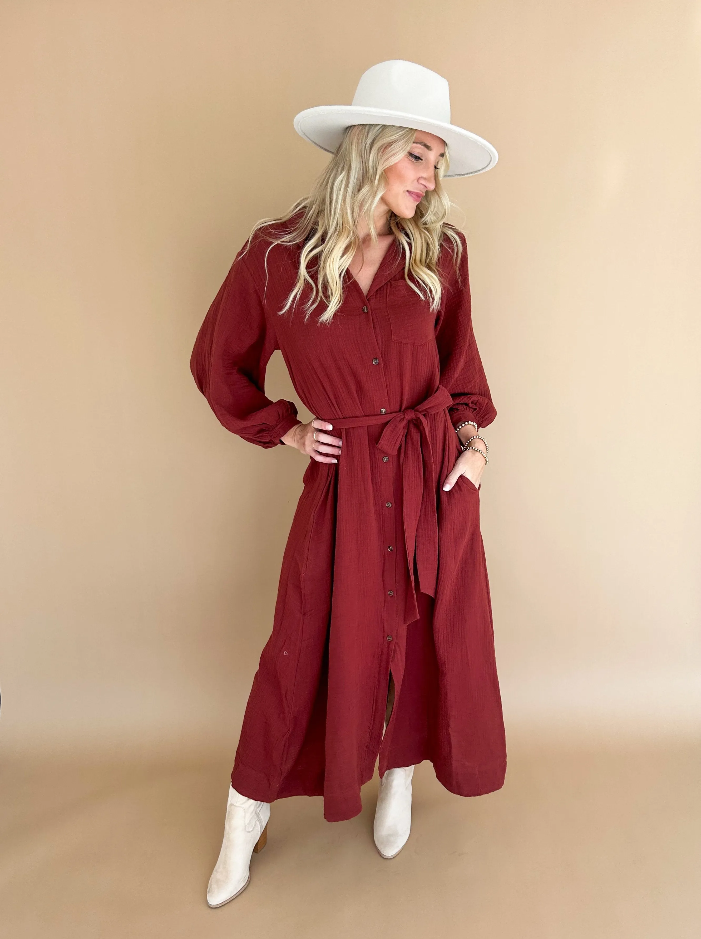 Bailey Bubble Sleeve Belted Maxi Shirt Dress