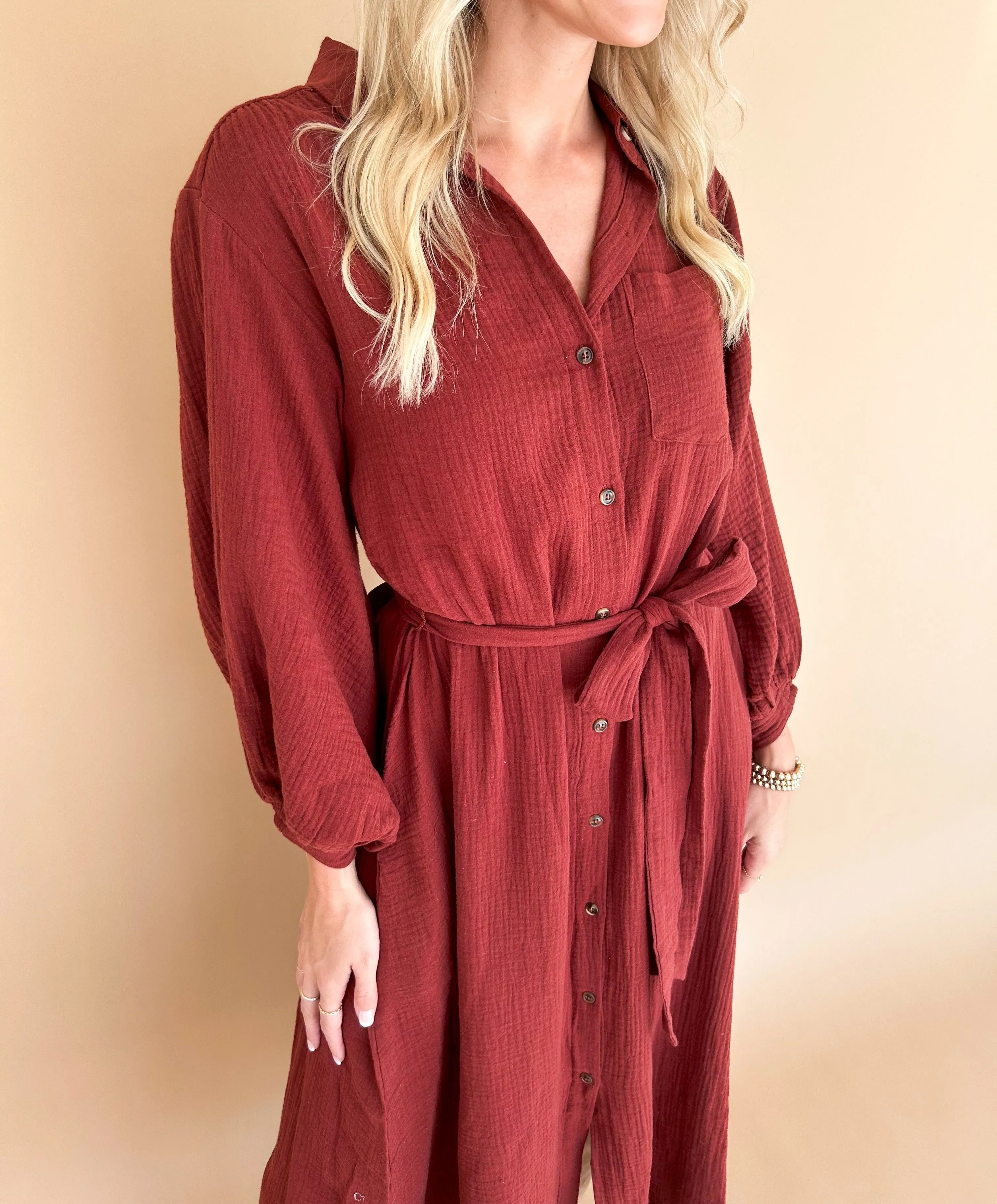 Bailey Bubble Sleeve Belted Maxi Shirt Dress
