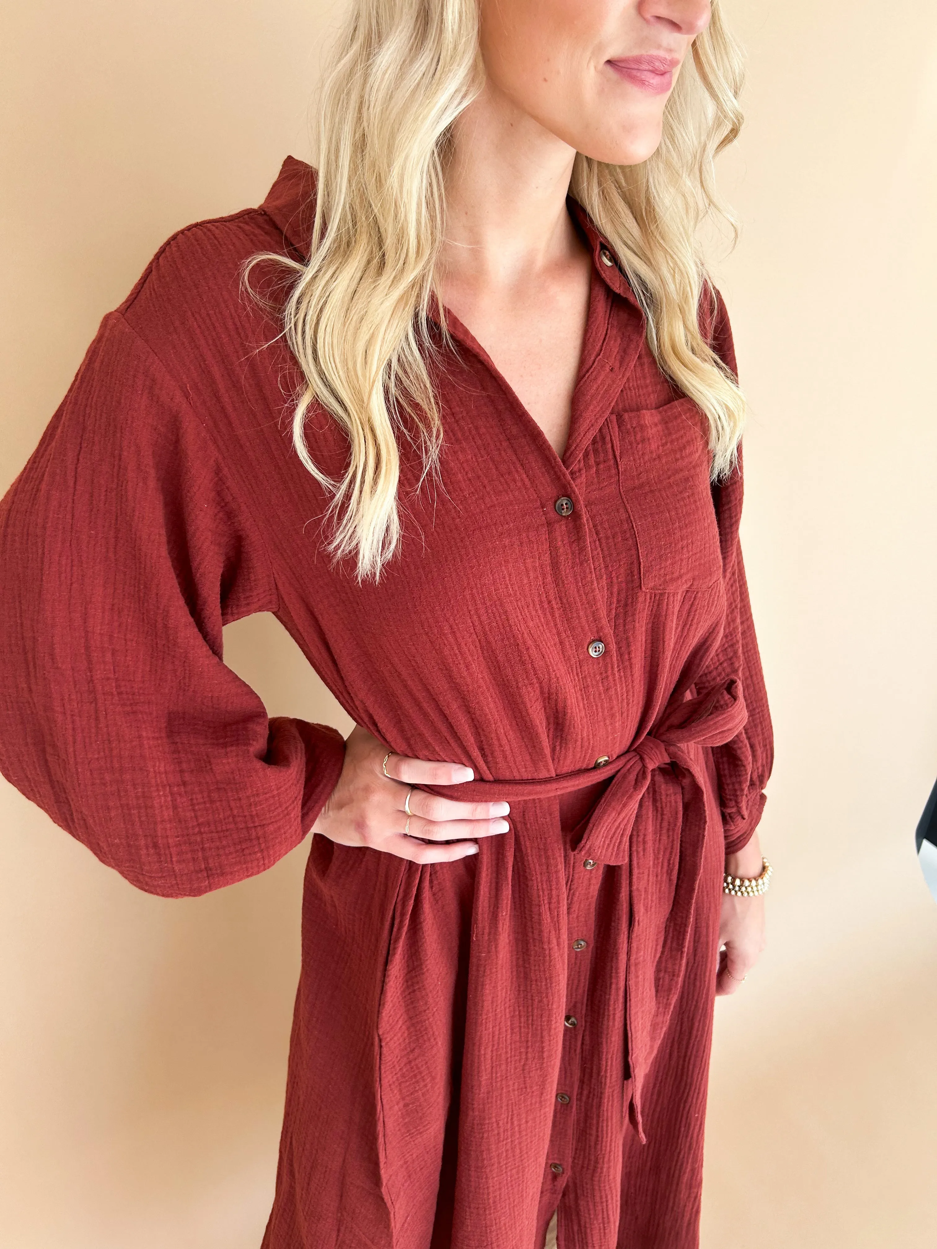 Bailey Bubble Sleeve Belted Maxi Shirt Dress