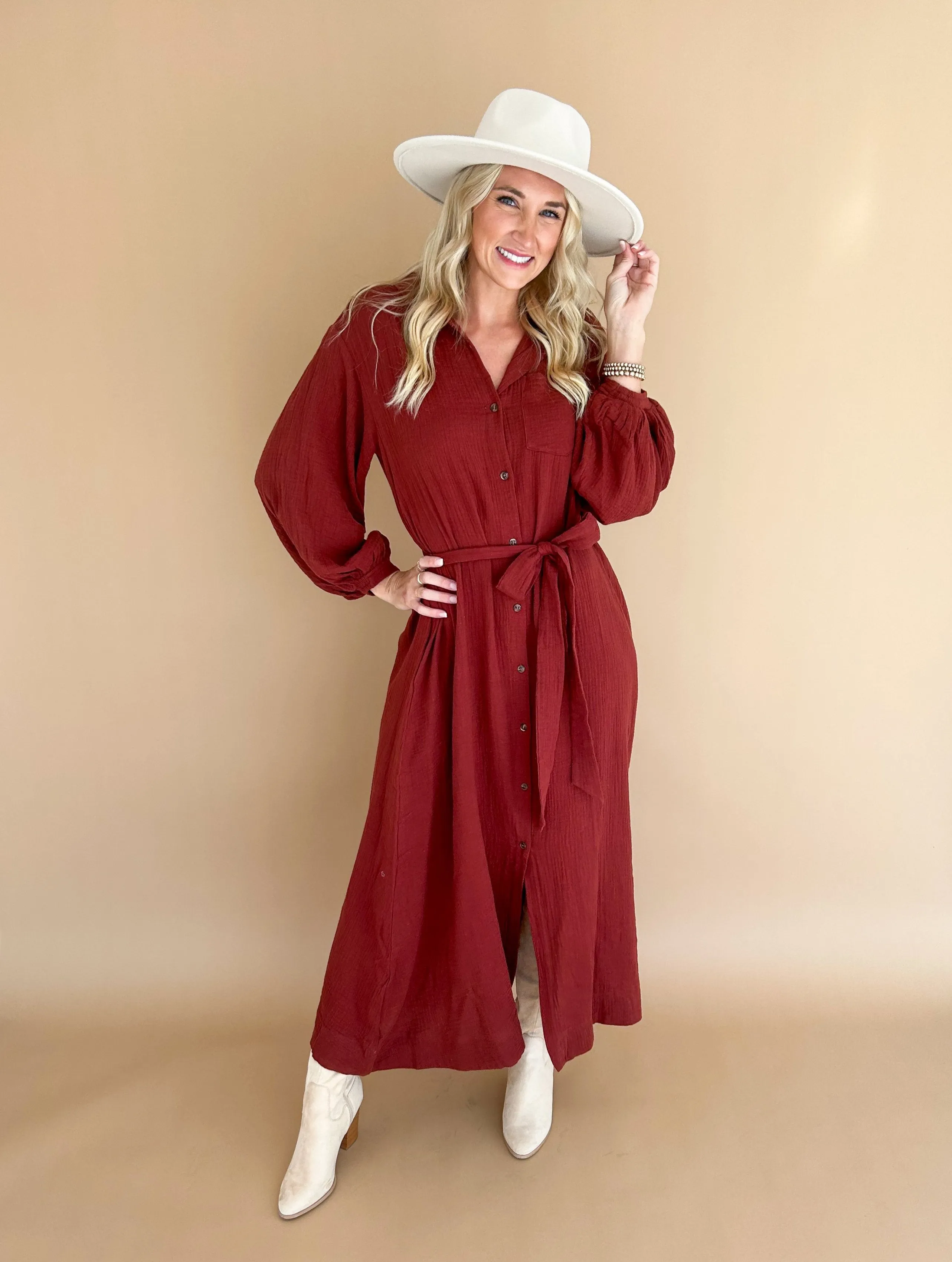 Bailey Bubble Sleeve Belted Maxi Shirt Dress