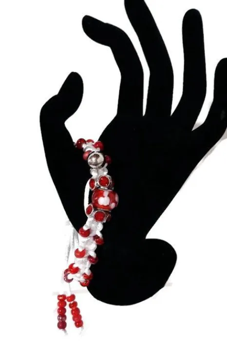 Beaded macrame bracelet, adjustable clasp, Red and white gloxinia macrame bracelet