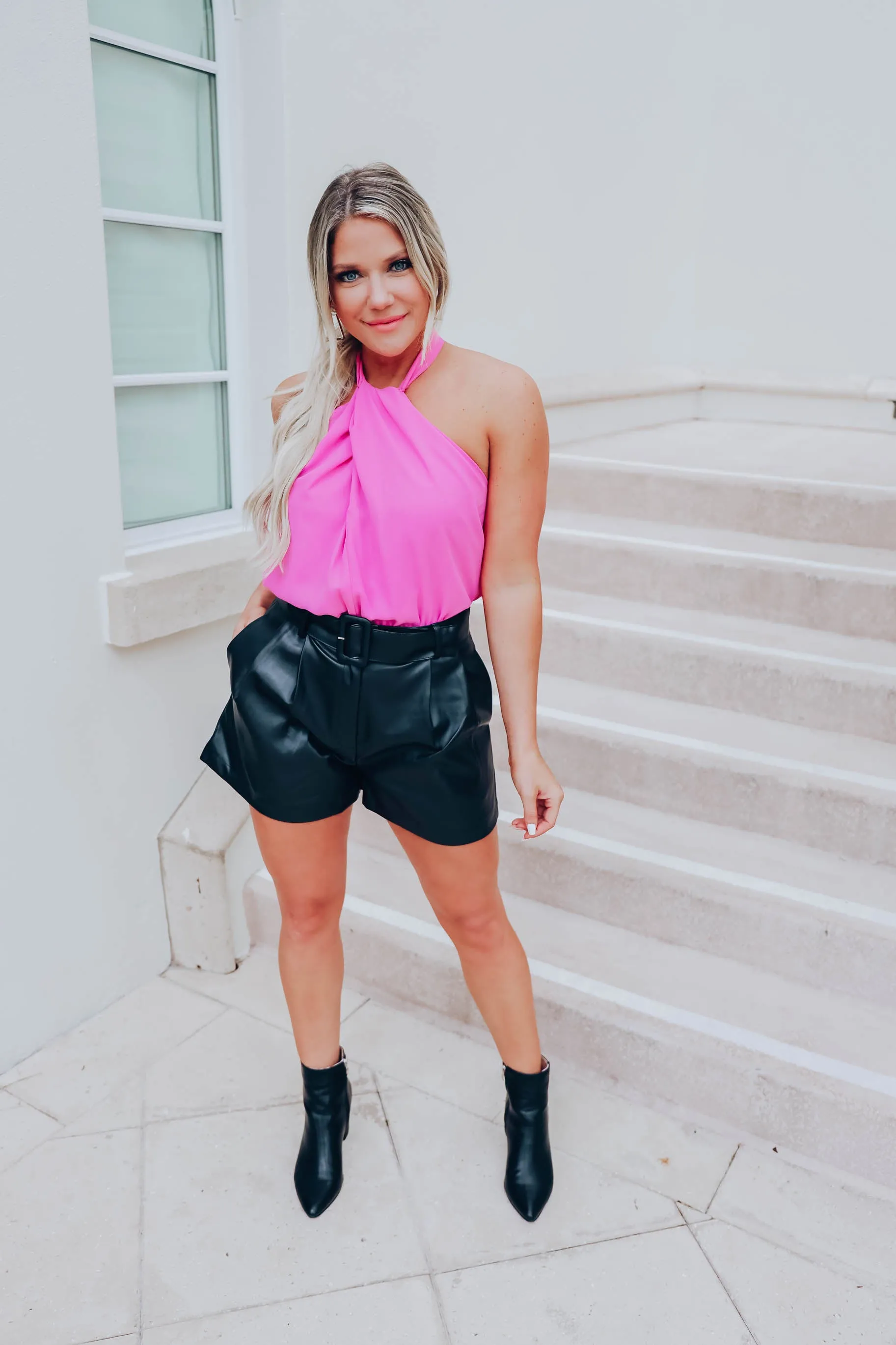 Belted Faux Leather Shorts - Black