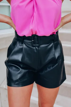 Belted Faux Leather Shorts - Black