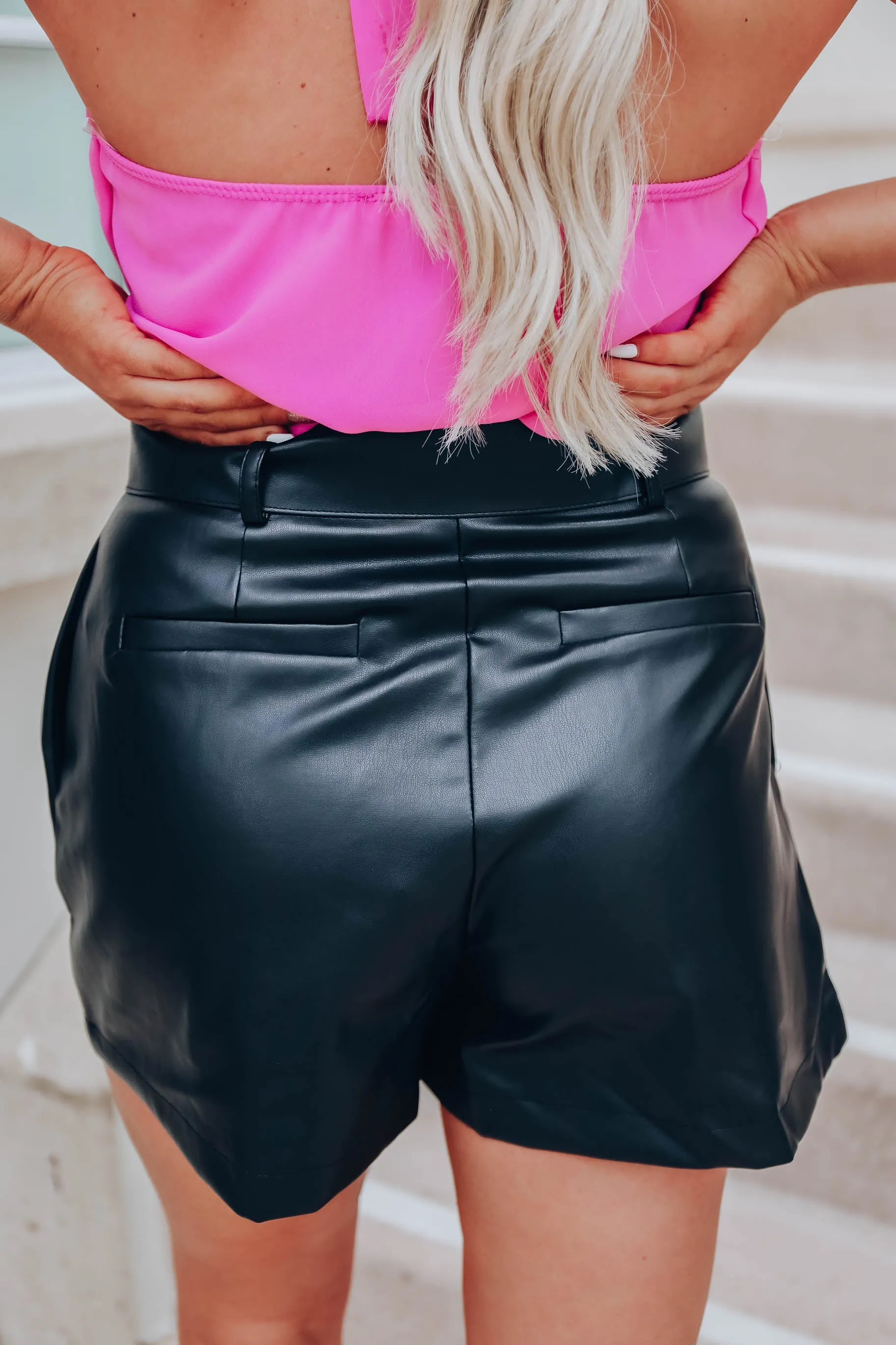 Belted Faux Leather Shorts - Black