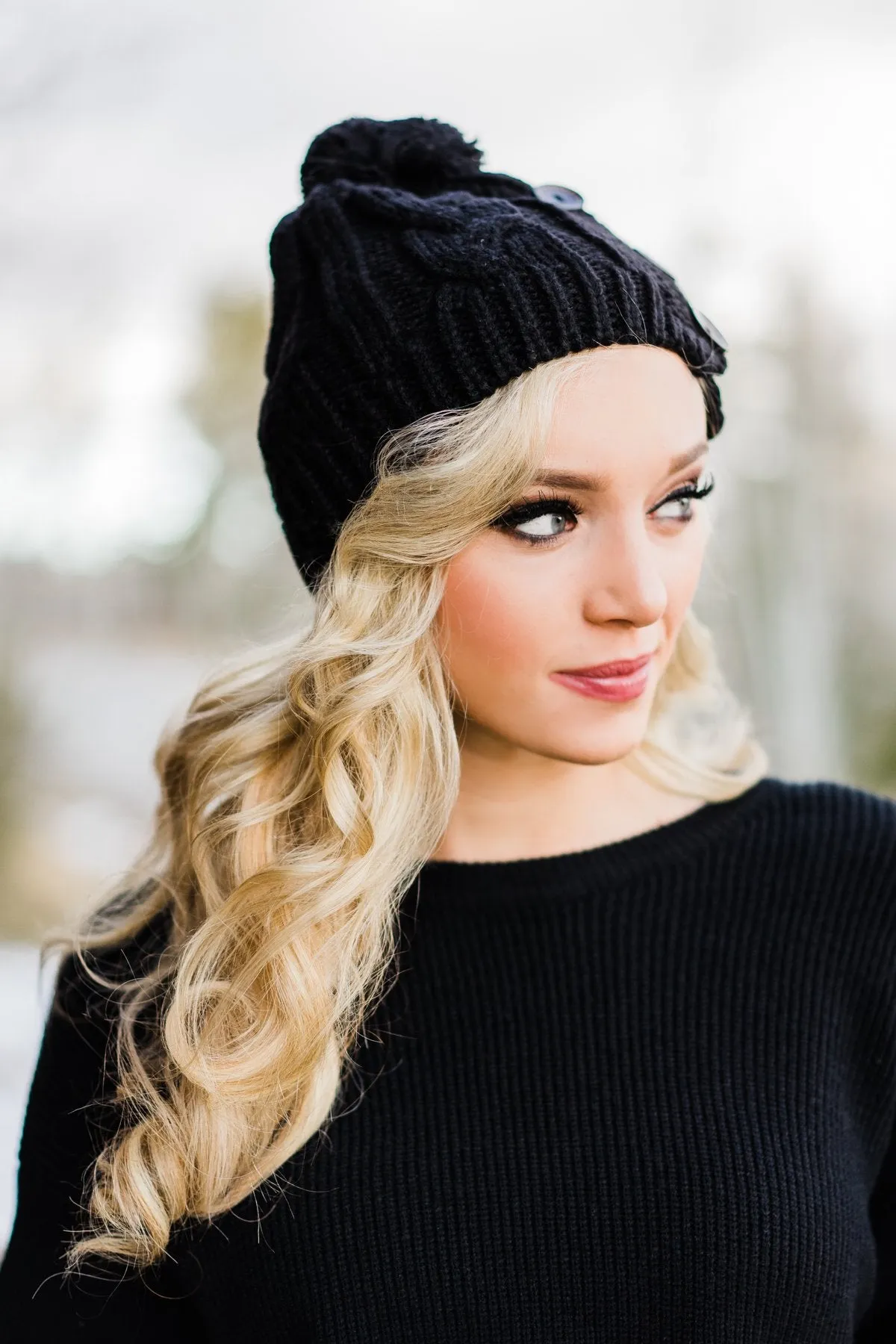 Black 3 Button Beanie