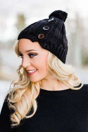 Black 3 Button Beanie
