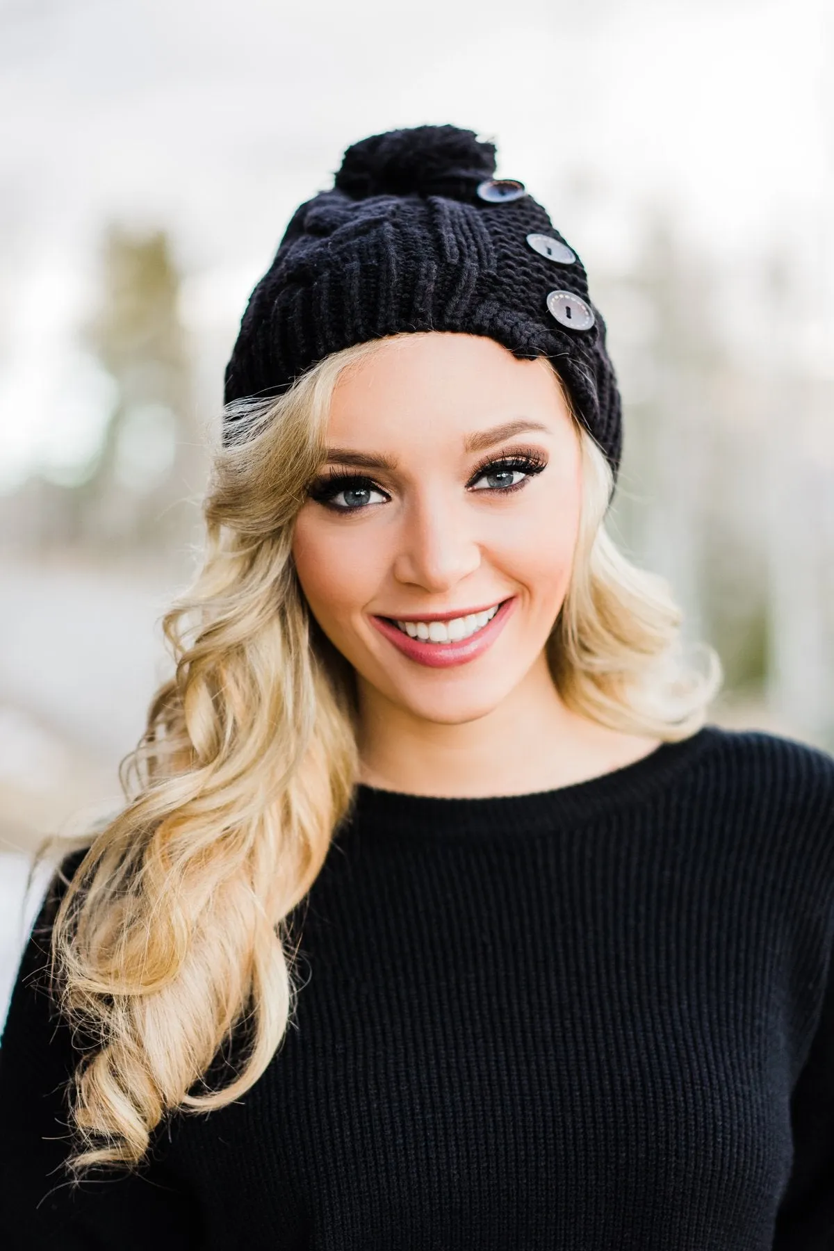 Black 3 Button Beanie