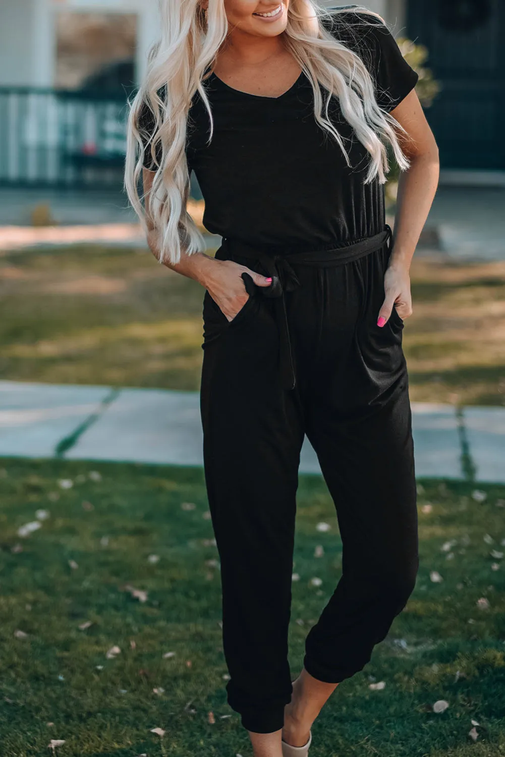 Black Short Sleeve Jogger Jumpsuit with Belt