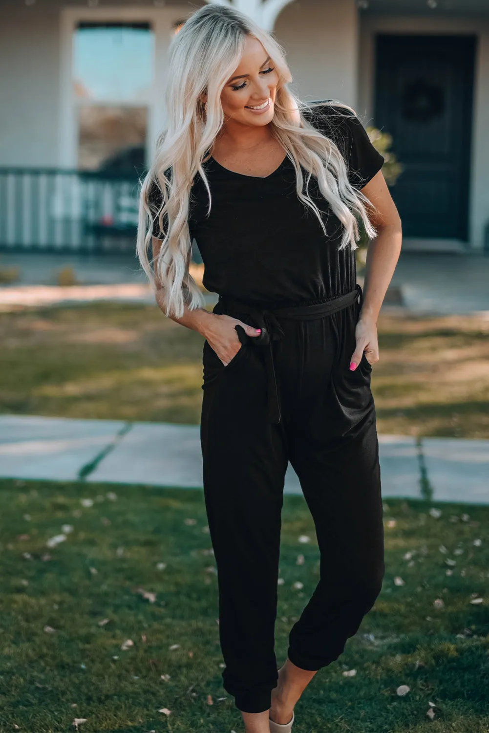 Black Short Sleeve Jogger Jumpsuit with Belt