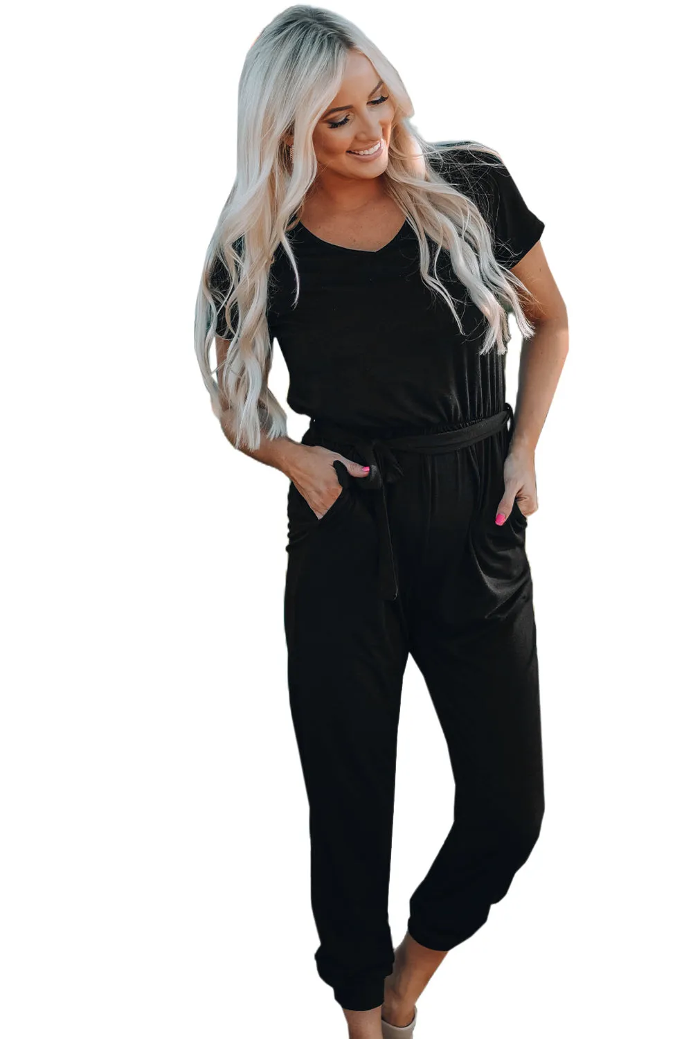 Black Short Sleeve Jogger Jumpsuit with Belt
