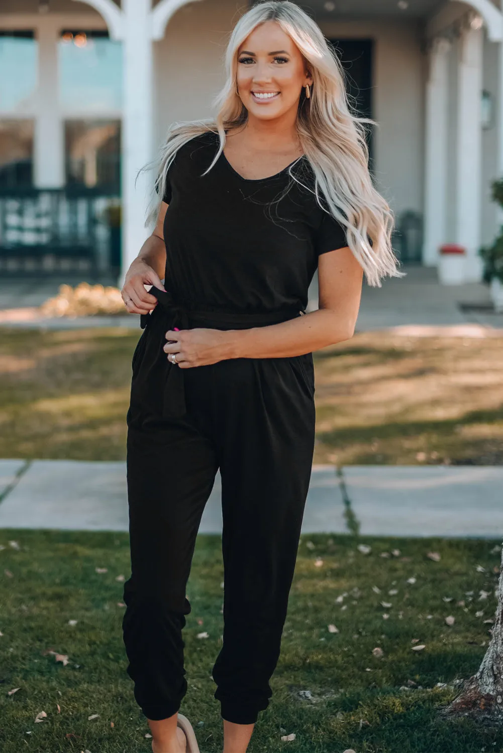 Black Short Sleeve Jogger Jumpsuit with Belt