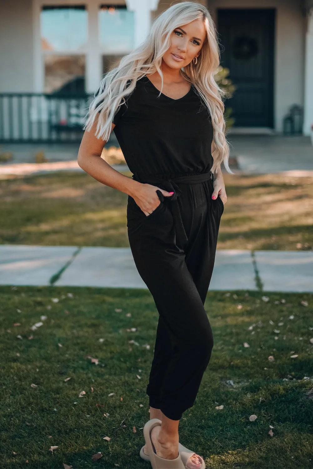 Black Short Sleeve Jogger Jumpsuit with Belt
