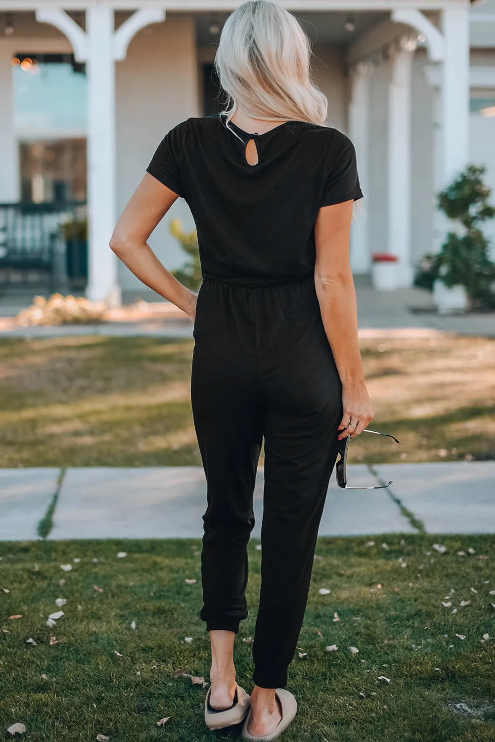Black Short Sleeve Jogger Jumpsuit with Belt