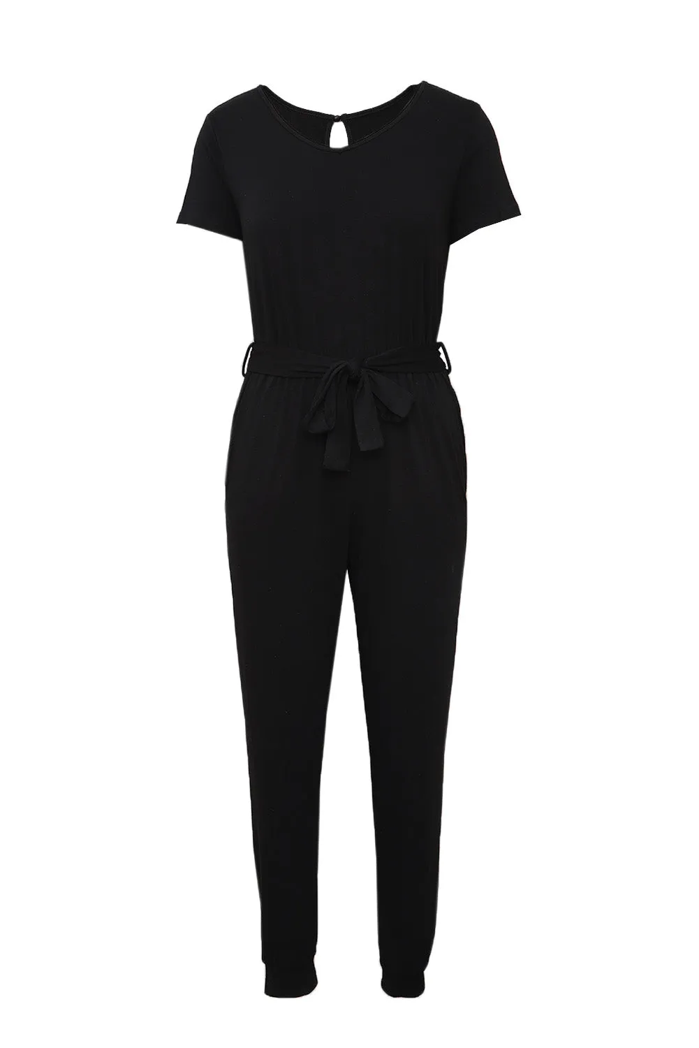 Black Short Sleeve Jogger Jumpsuit with Belt