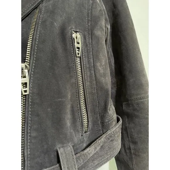 Blank NYC Gray Suede Leather Moto Biker Jacket Belted Boxy Size Medium