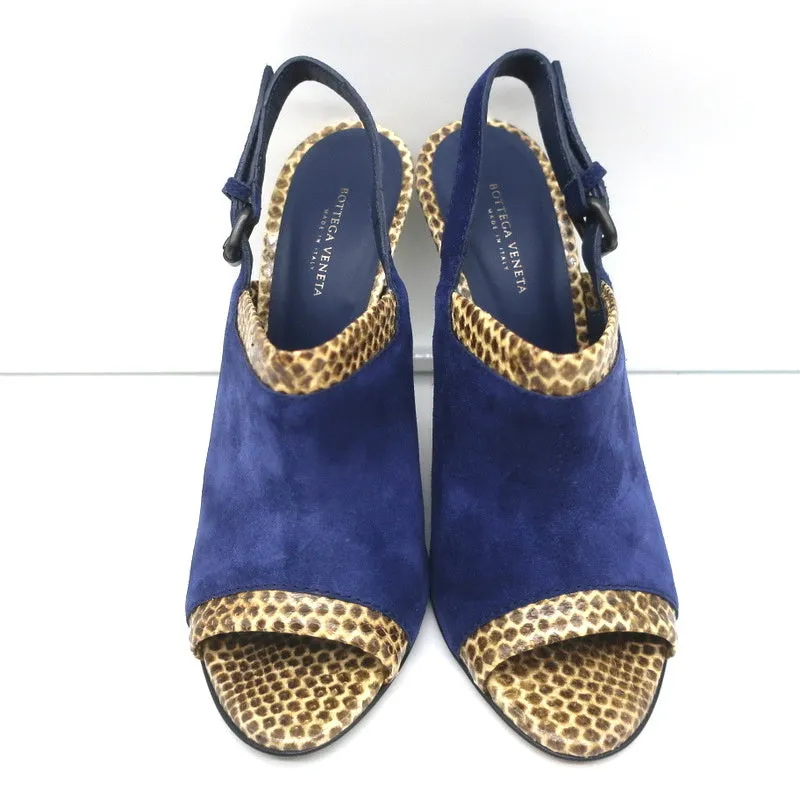 Bottega Veneta Slingback Sandals Navy Suede and Natural Snakeskin Size 39 NEW