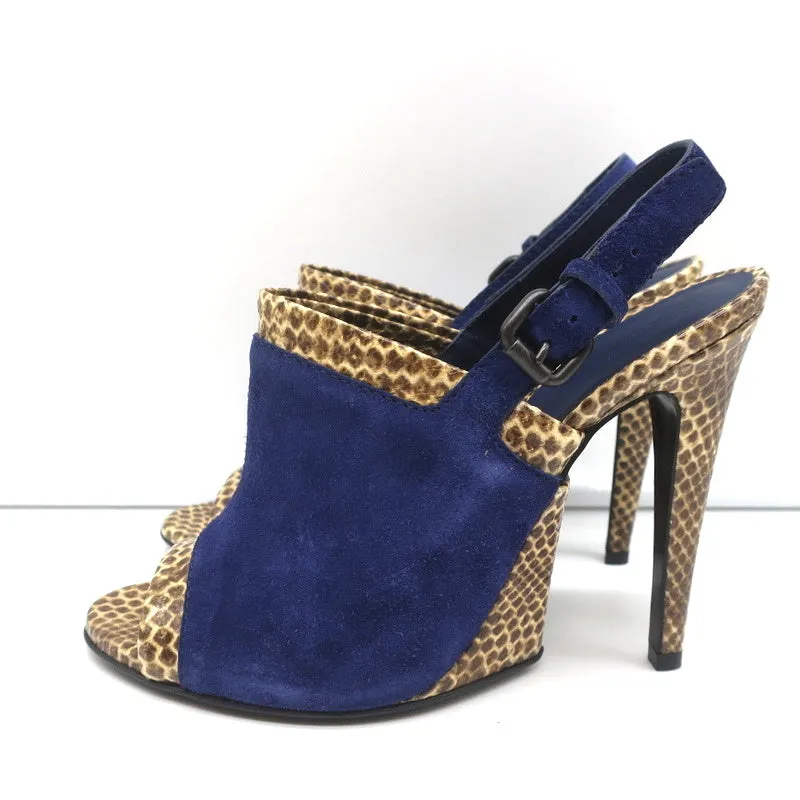 Bottega Veneta Slingback Sandals Navy Suede and Natural Snakeskin Size 39 NEW