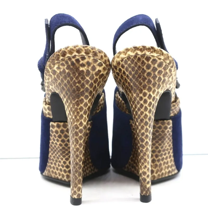 Bottega Veneta Slingback Sandals Navy Suede and Natural Snakeskin Size 39 NEW