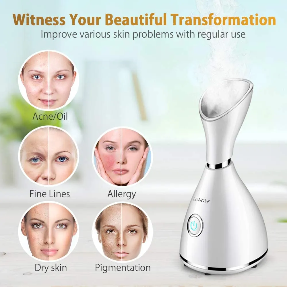 Brand new LONOVE Nano Ionic Facial Steamer Warm Mist Face Steamer for Women & Men! Moisturizes, Cleans Pores, Bonus Stainless Steel Skin Kit, box has slight damage!