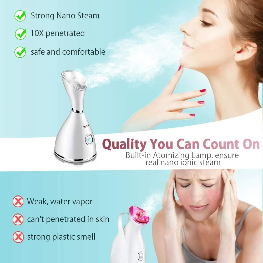 Brand new LONOVE Nano Ionic Facial Steamer Warm Mist Face Steamer for Women & Men! Moisturizes, Cleans Pores, Bonus Stainless Steel Skin Kit, box has slight damage!