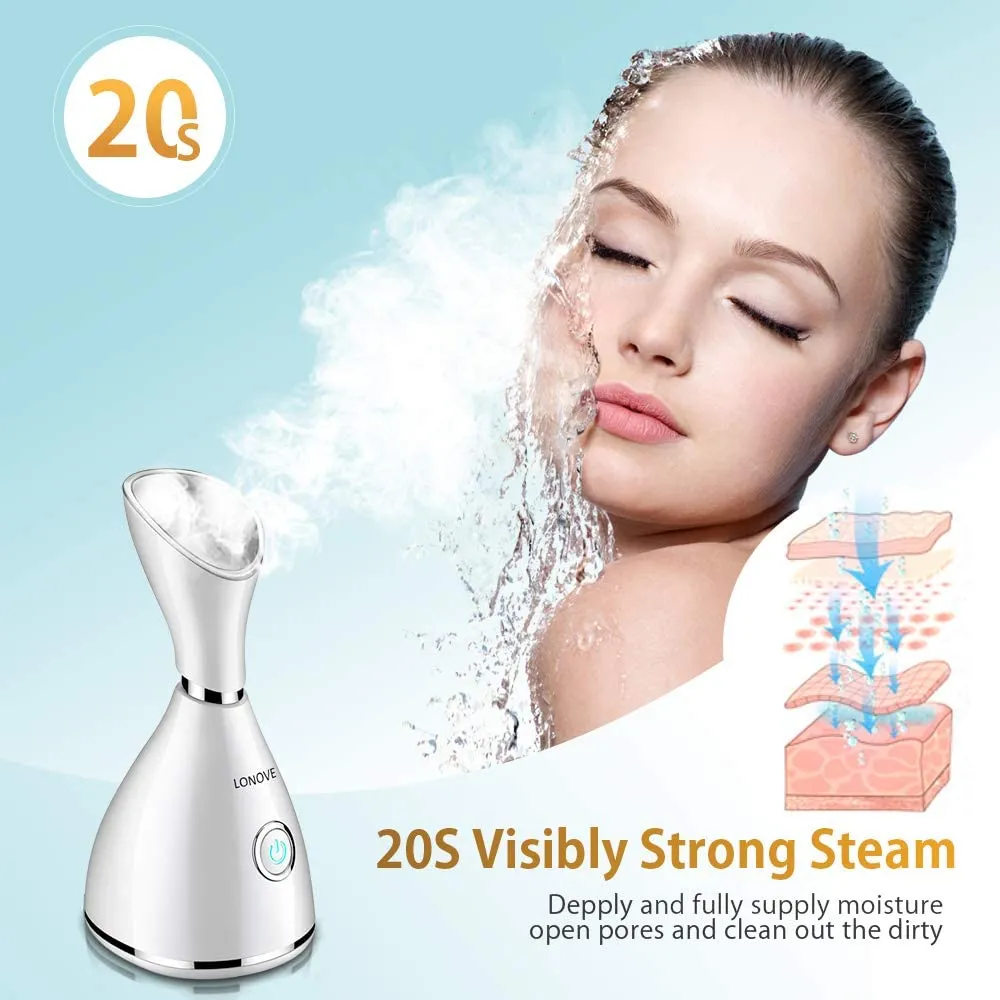 Brand new LONOVE Nano Ionic Facial Steamer Warm Mist Face Steamer for Women & Men! Moisturizes, Cleans Pores, Bonus Stainless Steel Skin Kit, box has slight damage!