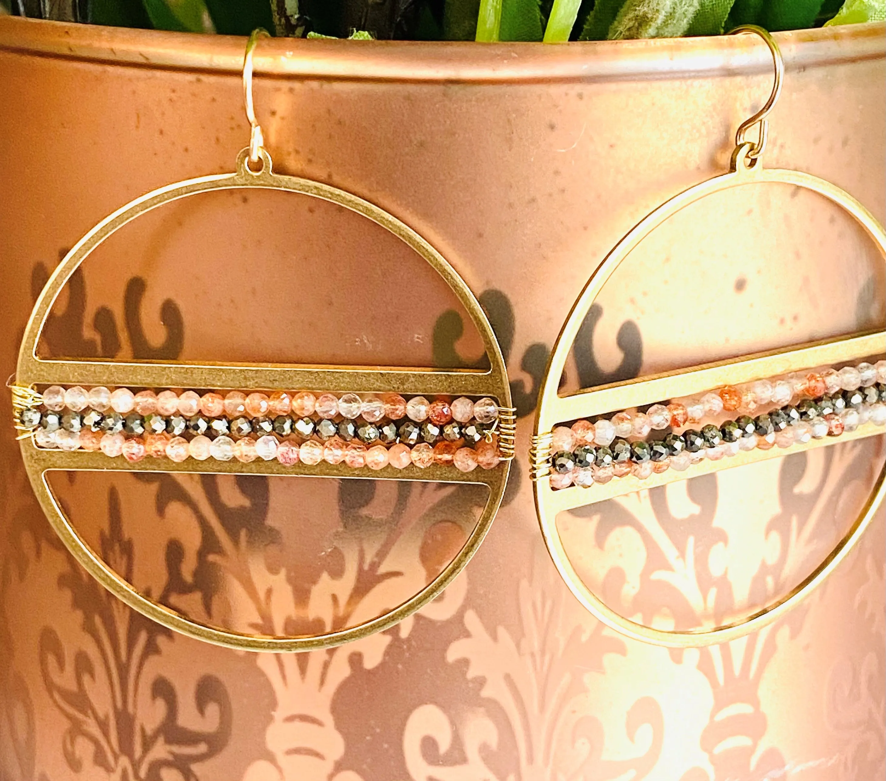 Brass Ring Gemstone Earrings/Pyrite Earrings/Hoops