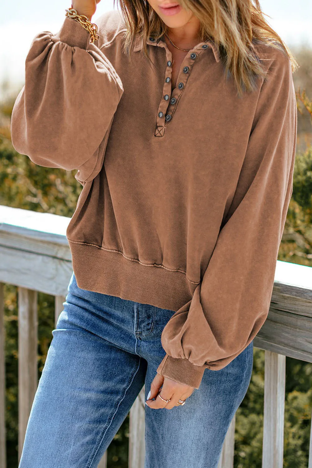 Brown-2 Washed Snap Buttons Lantern Sleeve Pullover Sweatshirt