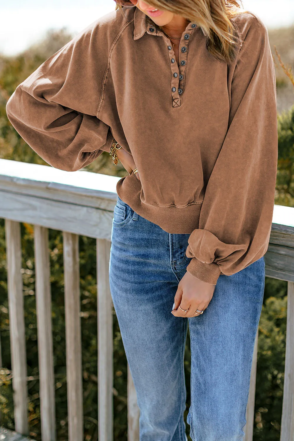 Brown-2 Washed Snap Buttons Lantern Sleeve Pullover Sweatshirt