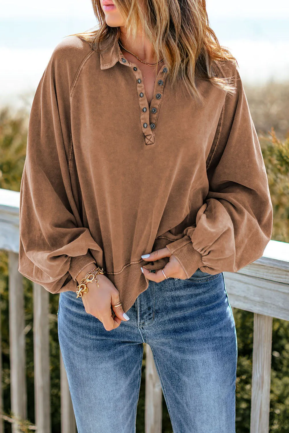 Brown-2 Washed Snap Buttons Lantern Sleeve Pullover Sweatshirt
