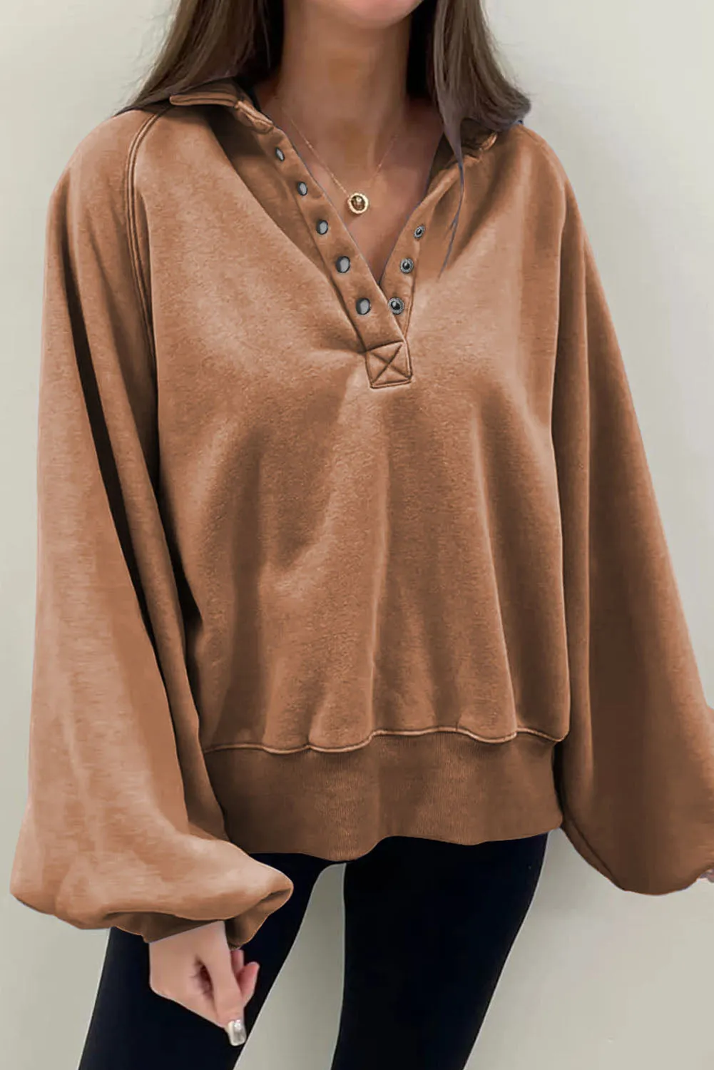 Brown-2 Washed Snap Buttons Lantern Sleeve Pullover Sweatshirt