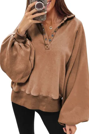 Brown-2 Washed Snap Buttons Lantern Sleeve Pullover Sweatshirt